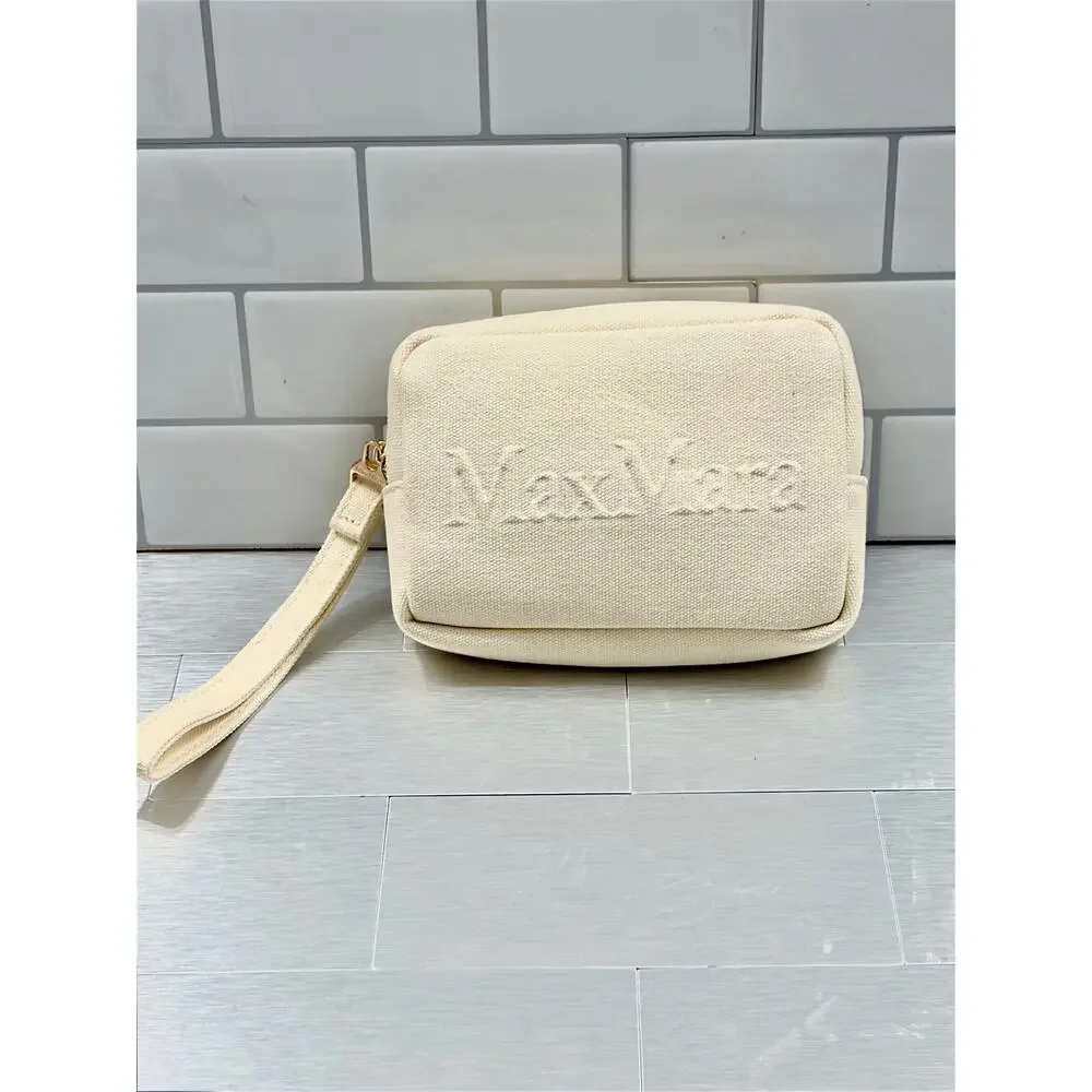 Max Mara Leccio MM Beauty Case Cream Canvas Wristlet Clutch (NWOT)